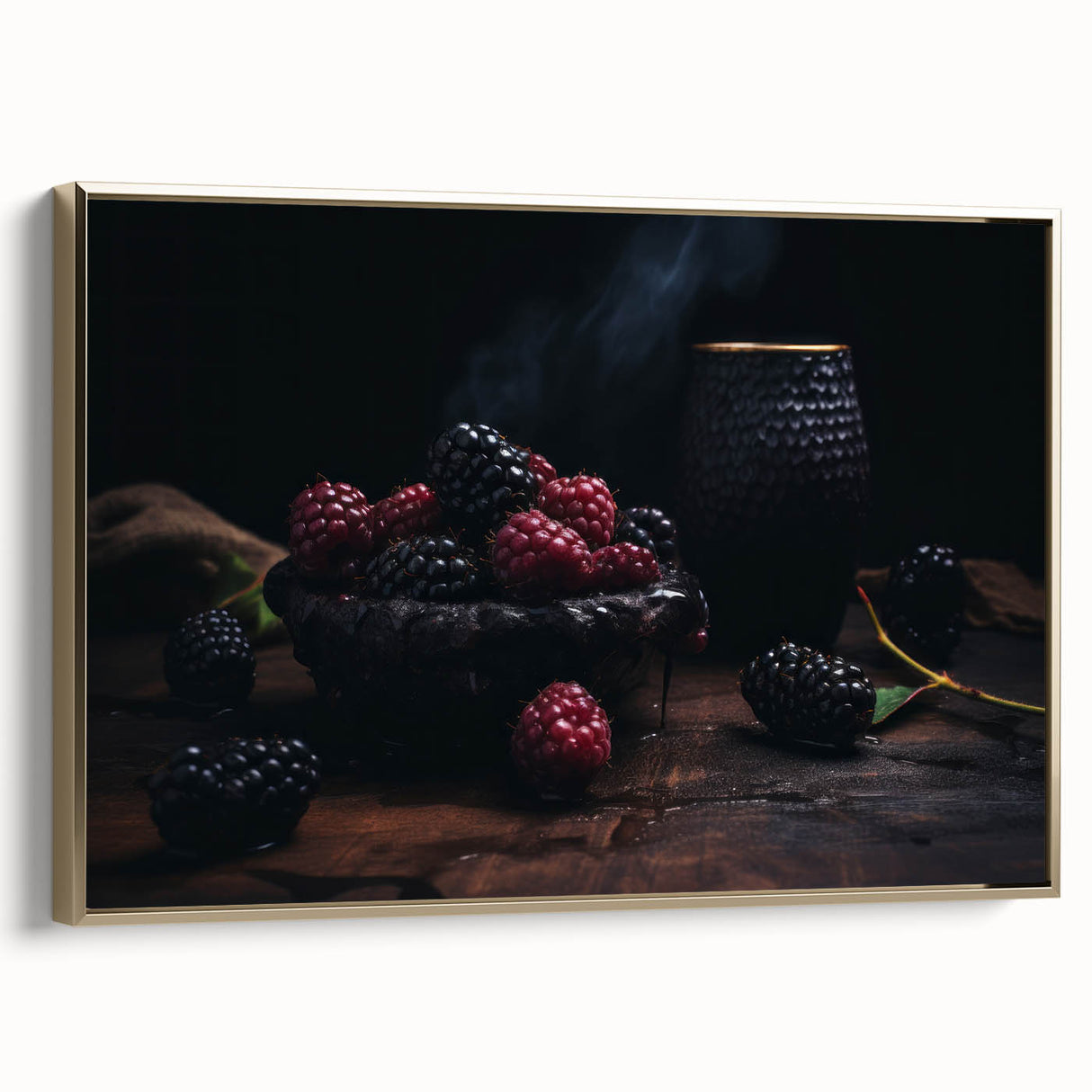 Vintage poster art of fruits in muted gold and black tones on a framed canvas, ideal for bedroom wall decor.