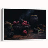 Vintage poster art of colorful fruits on a large framed canvas, ideal for living room decor.