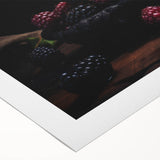 Art deco poster featuring an array of colorful fruits on rolled canvas, suitable for dining room decor.