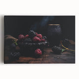 Black and white canvas featuring an assortment of fruits, ideal for kitchen wall art.