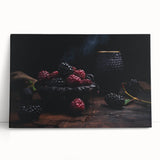 Large black and white stretched canvas featuring assorted fruits, ideal for kitchen wall art.