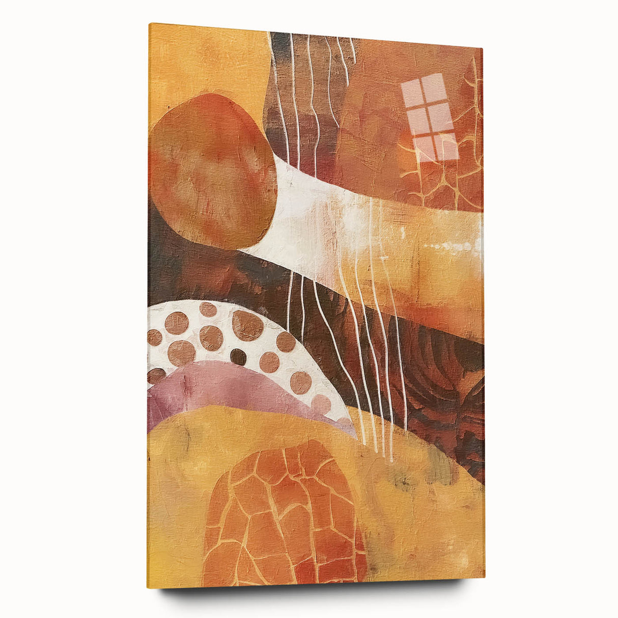 Large abstract wall art in mid-century modernist style, featuring autumnal hues on acrylic glass.