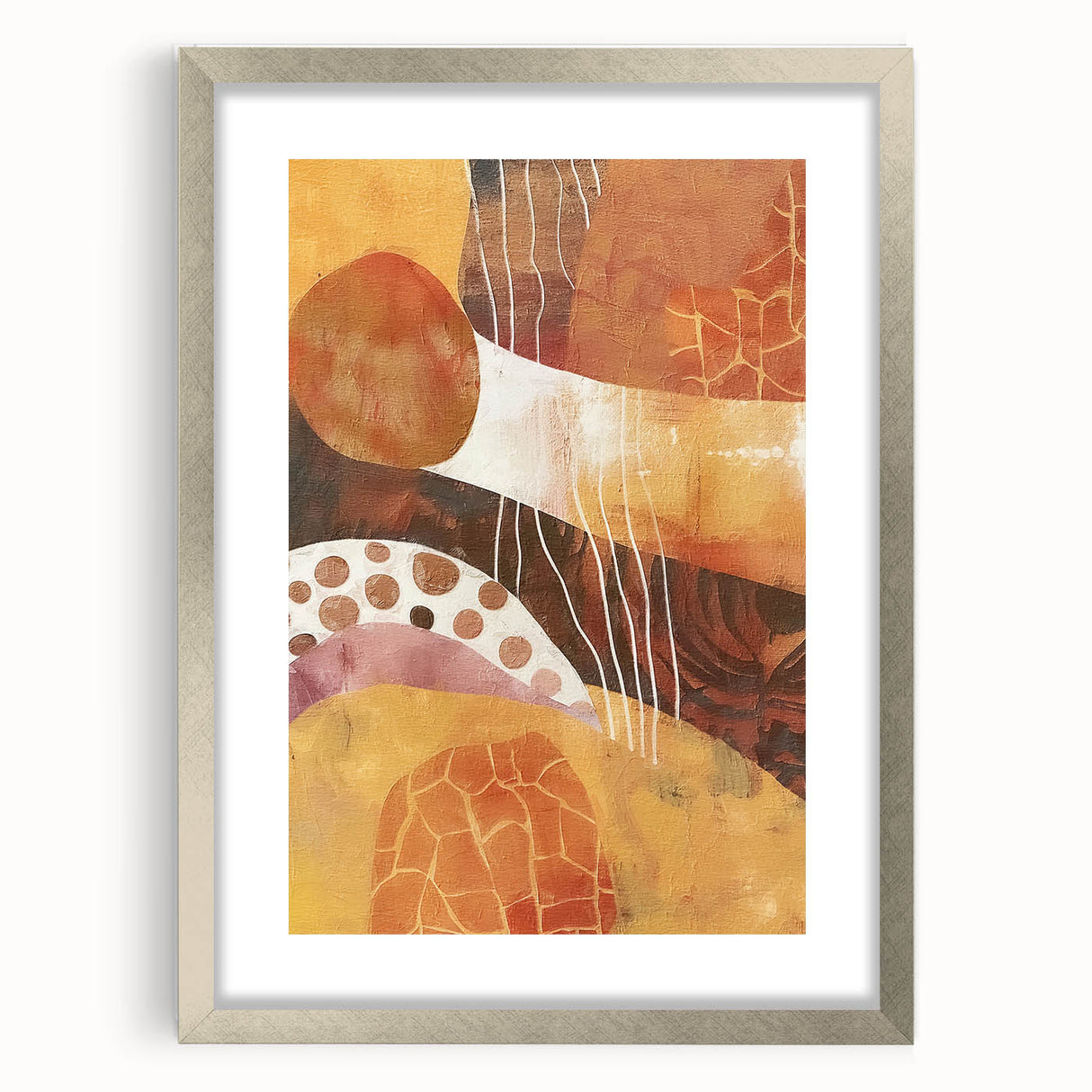 Textured abstract art print in warm orange and red hues on a silver-framed canvas, suitable for bedroom decor.
