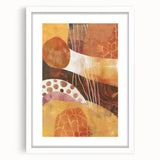 Abstract art print featuring swirling autumnal hues on a white framed canvas, ideal for dining room decor.