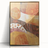 Large art print of a mid-century modernist fall scene in gold and orange tones on a framed acrylic.