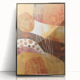 Mid-century modernist art depicting autumn trees in orange and brown tones on a silver-framed acrylic print.