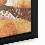 Close-up of a framed canvas featuring black wall art with colorful, textured abstract design, ideal for living room decor.