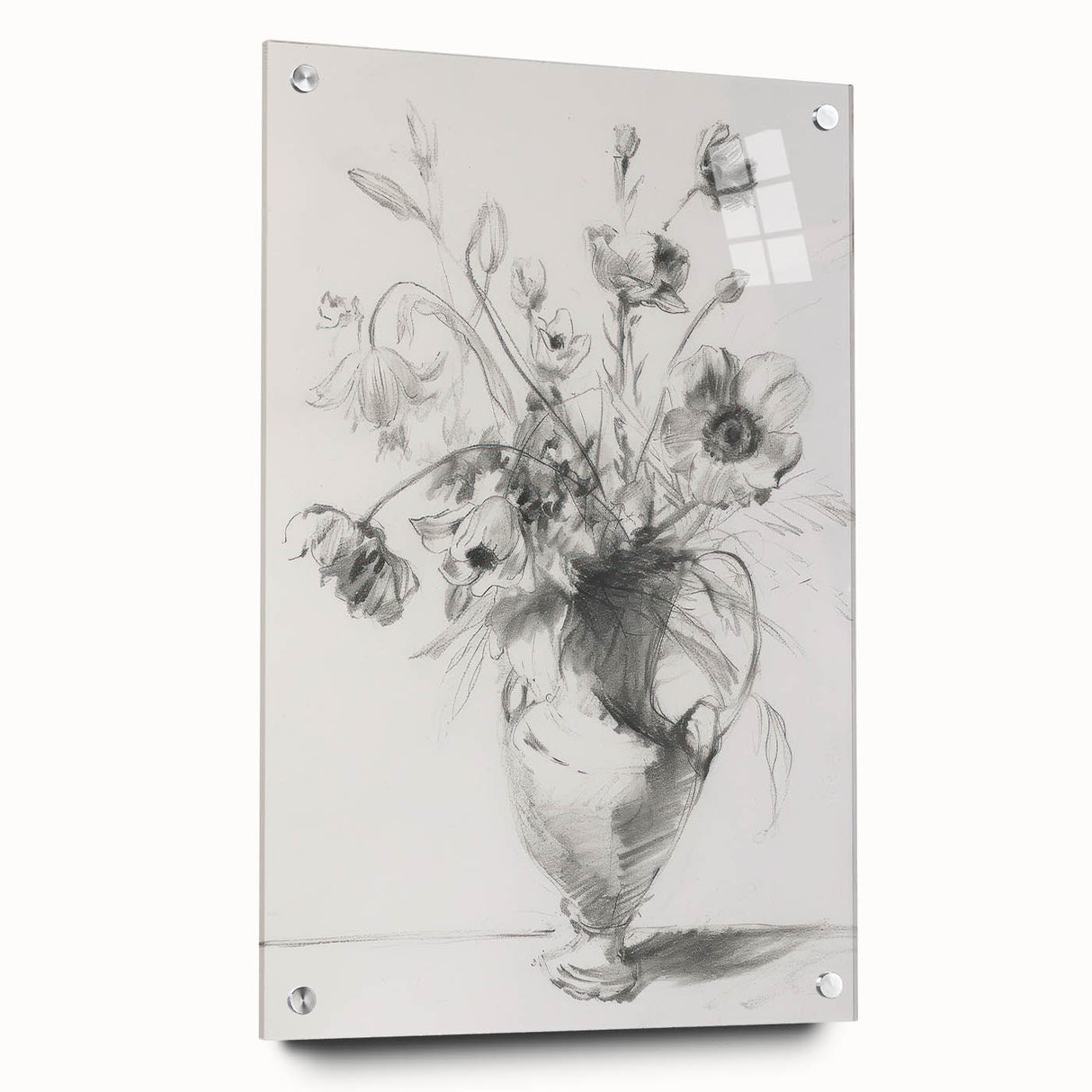 Abstract floral acrylic art piece displayed in a glass frame, showcasing vibrant colors and intricate details, perfect for modern home decor.