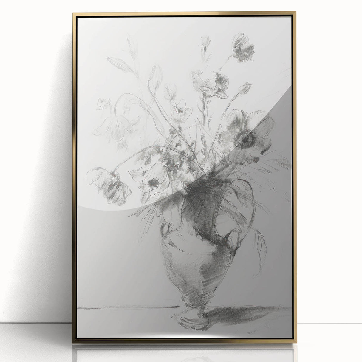 Framed acrylic artwork showcasing vibrant abstract florals in gold and pastel hues, elegantly presented in a sleek, modern frame for home décor enhancement.