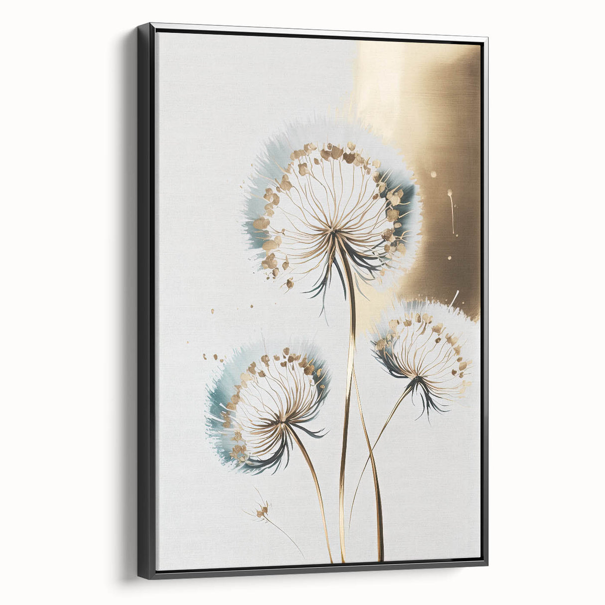 Framed canvas showcasing an abstract floral design with vibrant colors set against a black background, ideal for modern home decor and art enthusiasts.