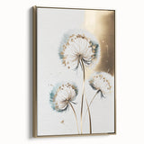 Framed abstract floral canvas artwork with gold accents, showcasing a vibrant design in a side view, ideal for modern home decor and art enthusiasts.