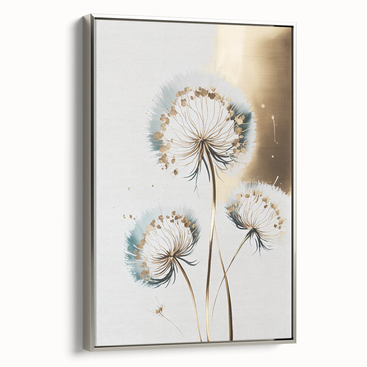 Framed canvas artwork showcasing striking abstract floral designs in vibrant colors, set in a sleek silver frame, ideal for modern home decor.
