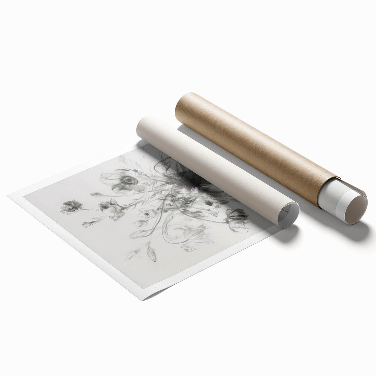 Abstract floral design rolled print featuring vibrant colors, intricate patterns, and a textured surface, elegantly packaged for safe delivery and display.