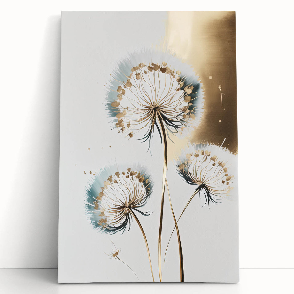 Abstract floral stretched canvas artwork leaning against a neutral wall, showcasing vibrant colors of pink, blue, and green in an elegant design, perfect for modern decor.