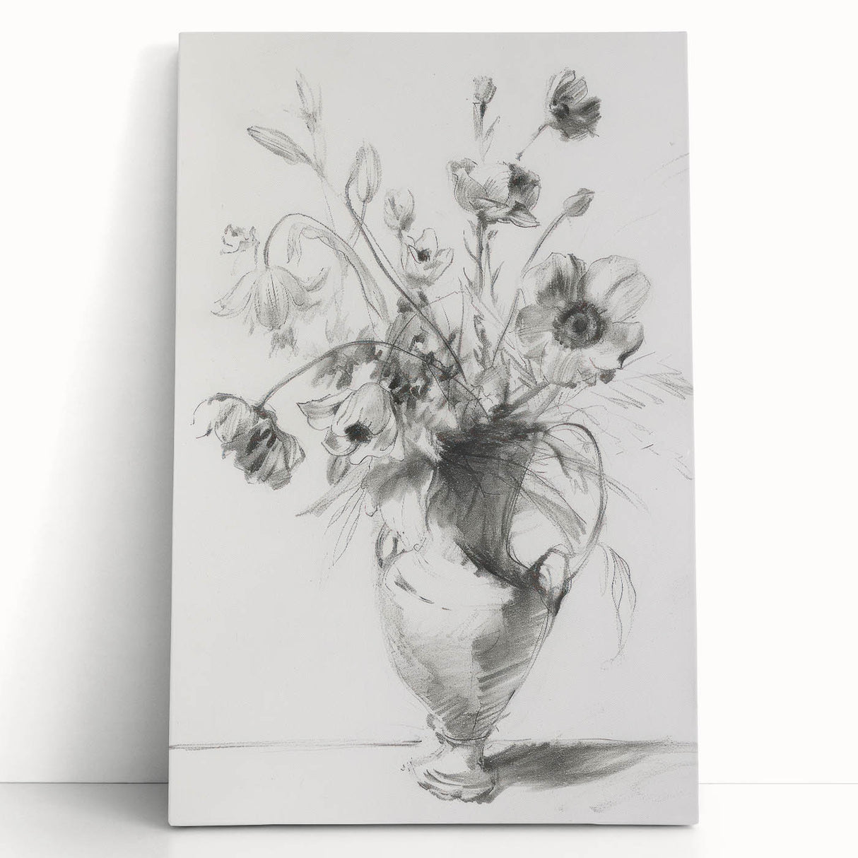 Abstract floral canvas art piece featuring vibrant colors and intricate designs, elegantly leaning against a neutral wall, perfect for modern home decor.