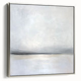 Framed abstract landscape canvas artwork with silver accents, showcasing a serene blend of blues, greens, and earthy tones, ideal for modern home decor.