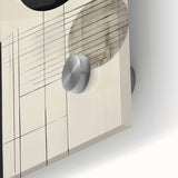 Close-up of an abstract minimalist wall art piece displayed on acrylic glass, showcasing vibrant colors and geometric shapes, perfect for modern home decor.