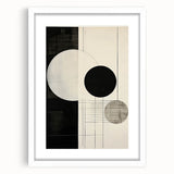 Abstract minimalist wall art framed in white with a mat, showcasing geometric shapes and soft colors, perfect for modern home decor or office settings.