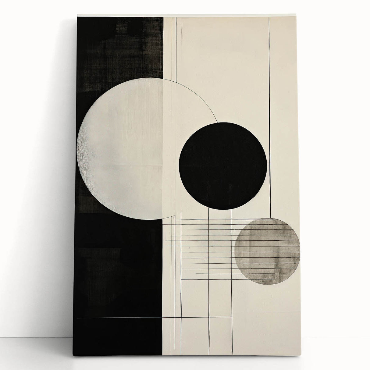 Abstract minimalist wall art print on stretched canvas, showcasing a blend of soft pastel colors in an organic design, leaning against a neutral wall. Ideal for modern home decor.
