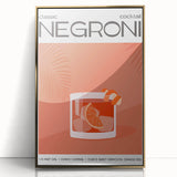 Large art print of a mid-century modernist food and drink motif in gold and black tones, framed in acrylic.