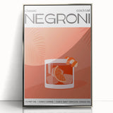 Mid-century modernist art featuring a stylized cocktail glass in muted orange and blue tones, acrylic print framed in silver.