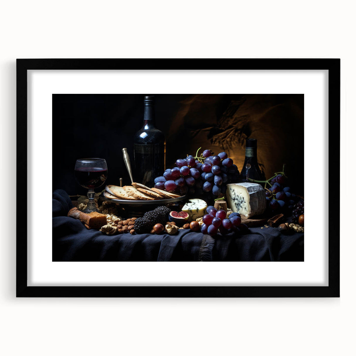 Extra large abstract art print featuring vibrant, textured fruits on canvas, framed in black, ideal for living room decor.