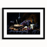 Extra large abstract art print featuring vibrant, textured fruits on canvas, framed in black, ideal for living room decor.