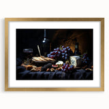 Extra large abstract art print featuring textured design of assorted fruits in muted earth tones, framed in gold.