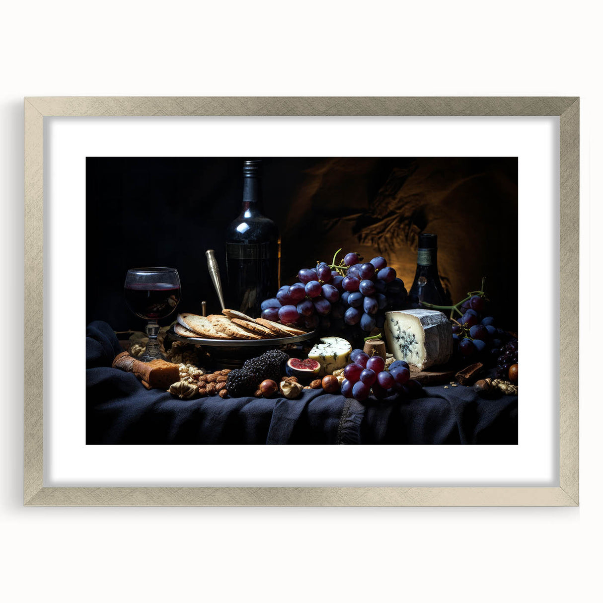 Textured abstract art print featuring assorted fruits in muted earth tones, framed with a silver mat.