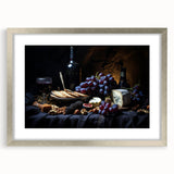Textured abstract art print featuring assorted fruits in muted earth tones, framed with a silver mat.