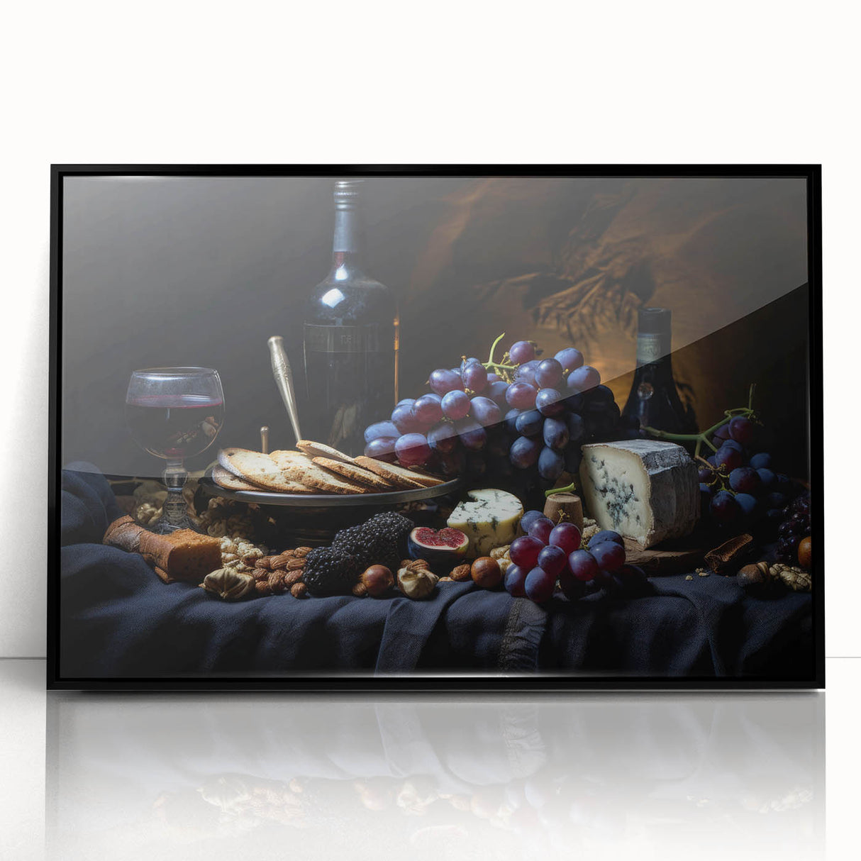 Large abstract wall art featuring assorted fruits in bold colors on a black acrylic frame, suitable for modern kitchen decor.