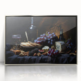 Mid-century modernist art featuring a variety of colorful fruits on a silver-framed acrylic print.