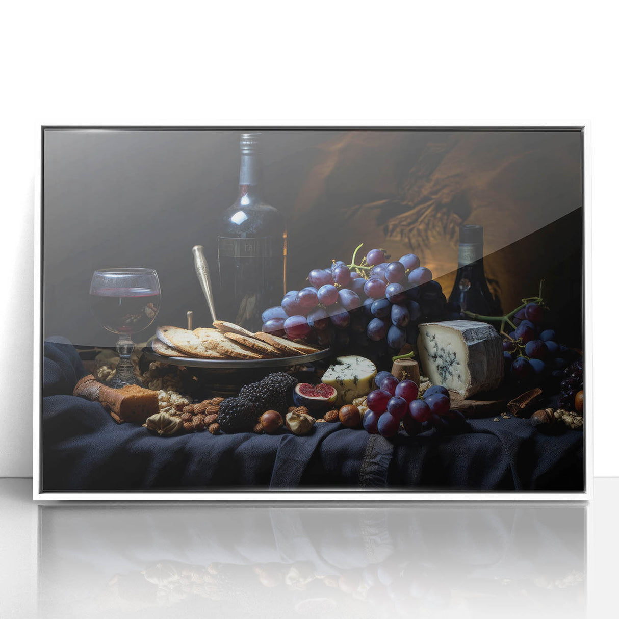 Art Deco poster featuring assorted fruits in vibrant colors on a white acrylic framed print, ideal for modern kitchen decor.