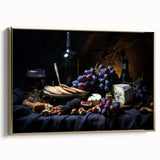 Vintage poster art of colorful fruits on black background, framed canvas, ideal for bedroom wall decor.