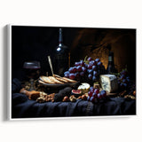 Vintage poster art of colorful fruits on a black background, framed canvas, ideal for living room decor.