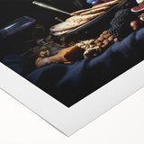 Art deco poster featuring an assortment of fruits in bold colors on rolled canvas, suitable for dining room wall art.