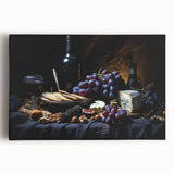 Black and white stretched canvas of assorted fruits, ideal for kitchen wall art.