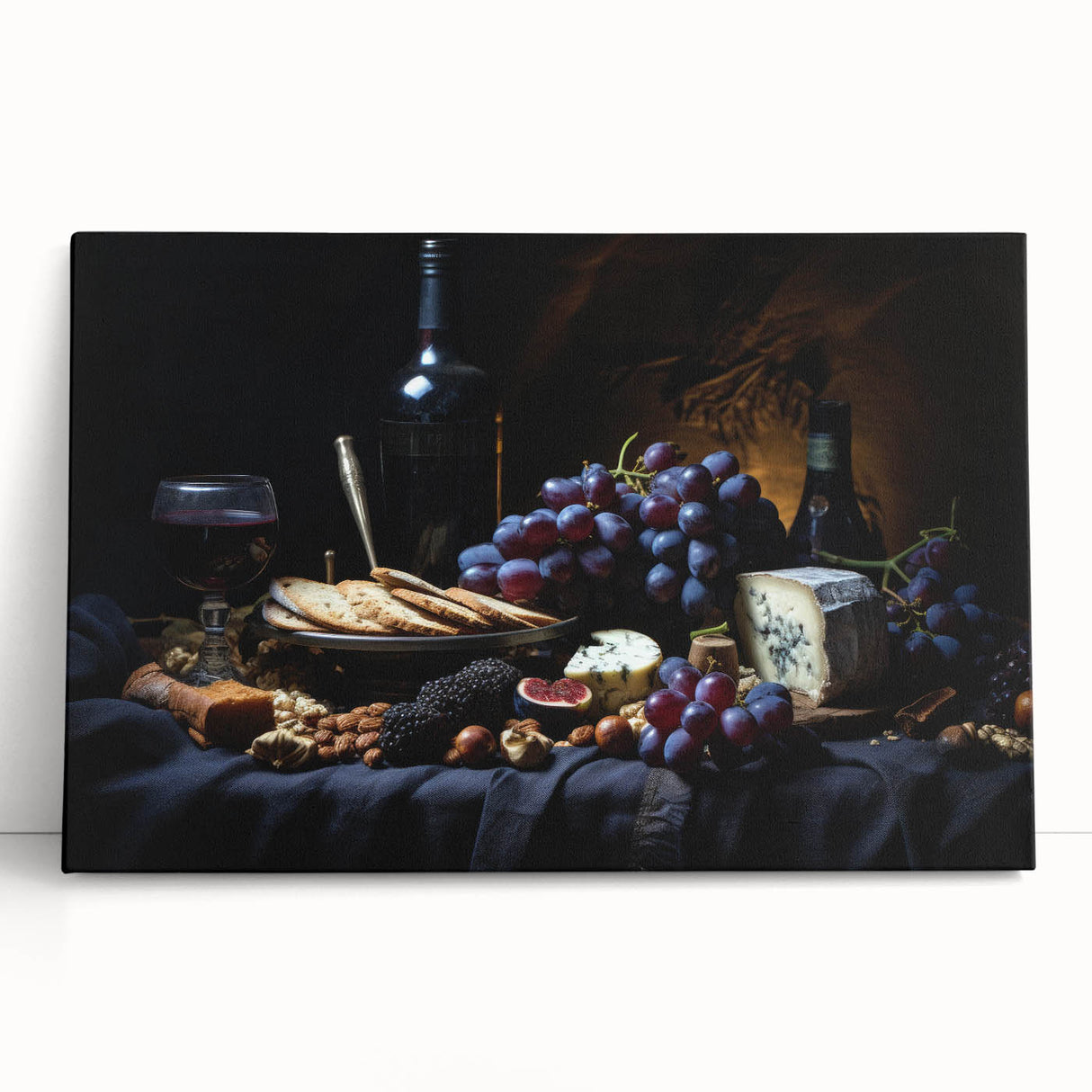 Black and white stretched canvas of assorted fruits, ideal for kitchen wall art.