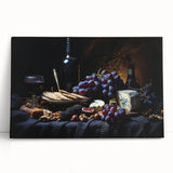 Black and white stretched canvas of assorted fruits, ideal for kitchen wall art.