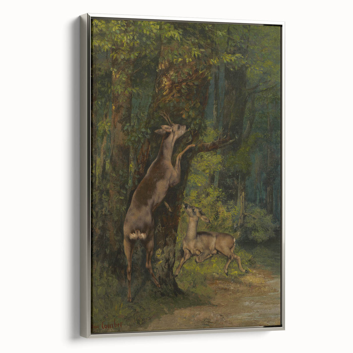 Peaceful Realism Art Print of Deer in a Dense, Lush Forest Landscape