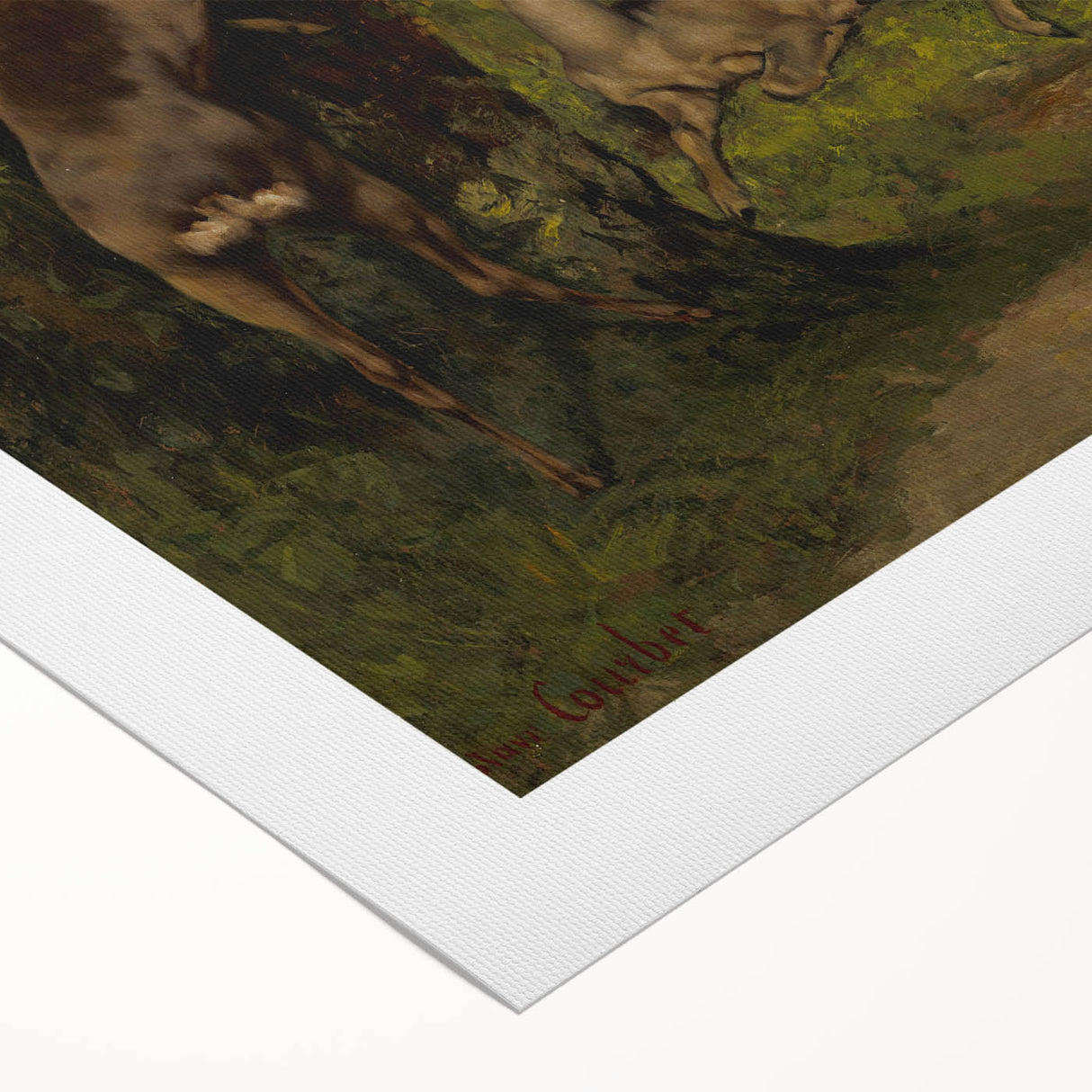 Peaceful Realism Art Print of Deer in a Dense, Lush Forest Landscape