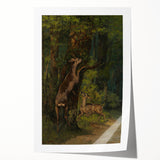 Peaceful Realism Art Print of Deer in a Dense, Lush Forest Landscape