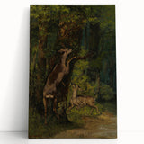 Peaceful Realism Art Print of Deer in a Dense, Lush Forest Landscape