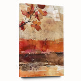 Large abstract wall art on acrylic glass depicting swirling autumn hues, ideal for bedroom or dining room decor.