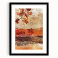 Abstract art print featuring vibrant autumn colors on a textured canvas, framed in black, ideal for living room decor.