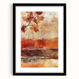 Abstract art print featuring vibrant autumn colors on a textured canvas, framed in black, ideal for living room decor.