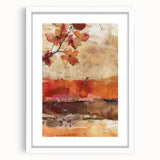 Abstract art print depicting autumnal hues on a white-framed mat, ideal for dining room or bedroom decor.