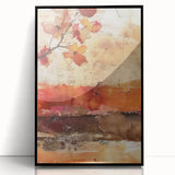 Large abstract wall art depicting autumnal trees in earth tones, framed in black acrylic.