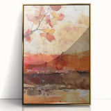 Large art print of a mid-century modernist fall scene in gold and orange tones, acrylic framed, ideal for nursery wall decor.