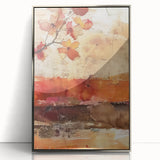 Mid-century modernist art depicting autumn trees in orange and red tones on a silver-framed acrylic print.
